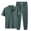 Linen Short-sleeved Suit Men's Summer Thin Ice Silk Loose Breathable Casual Two-piece Suit