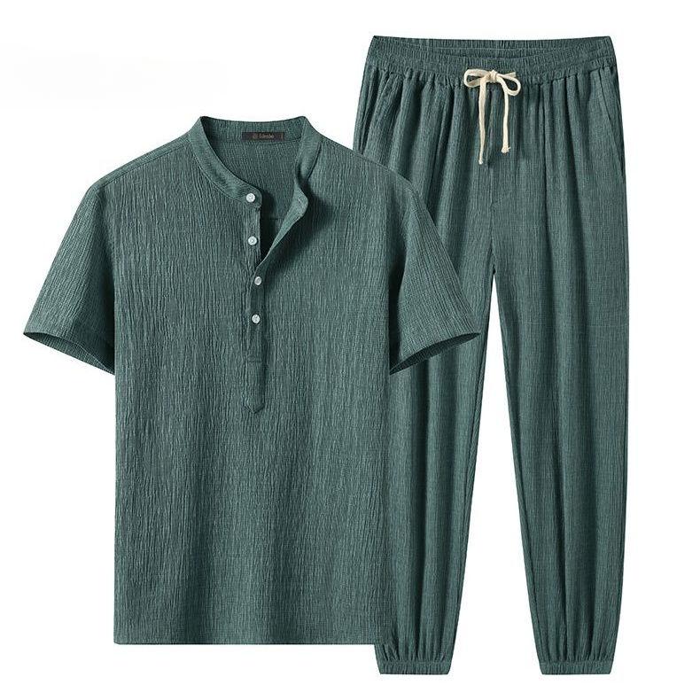 Льняной костюм с короткими рукавами, мужской летний тонкий шелковый свободный дышащий повседневный костюм из двух частей S зелёный