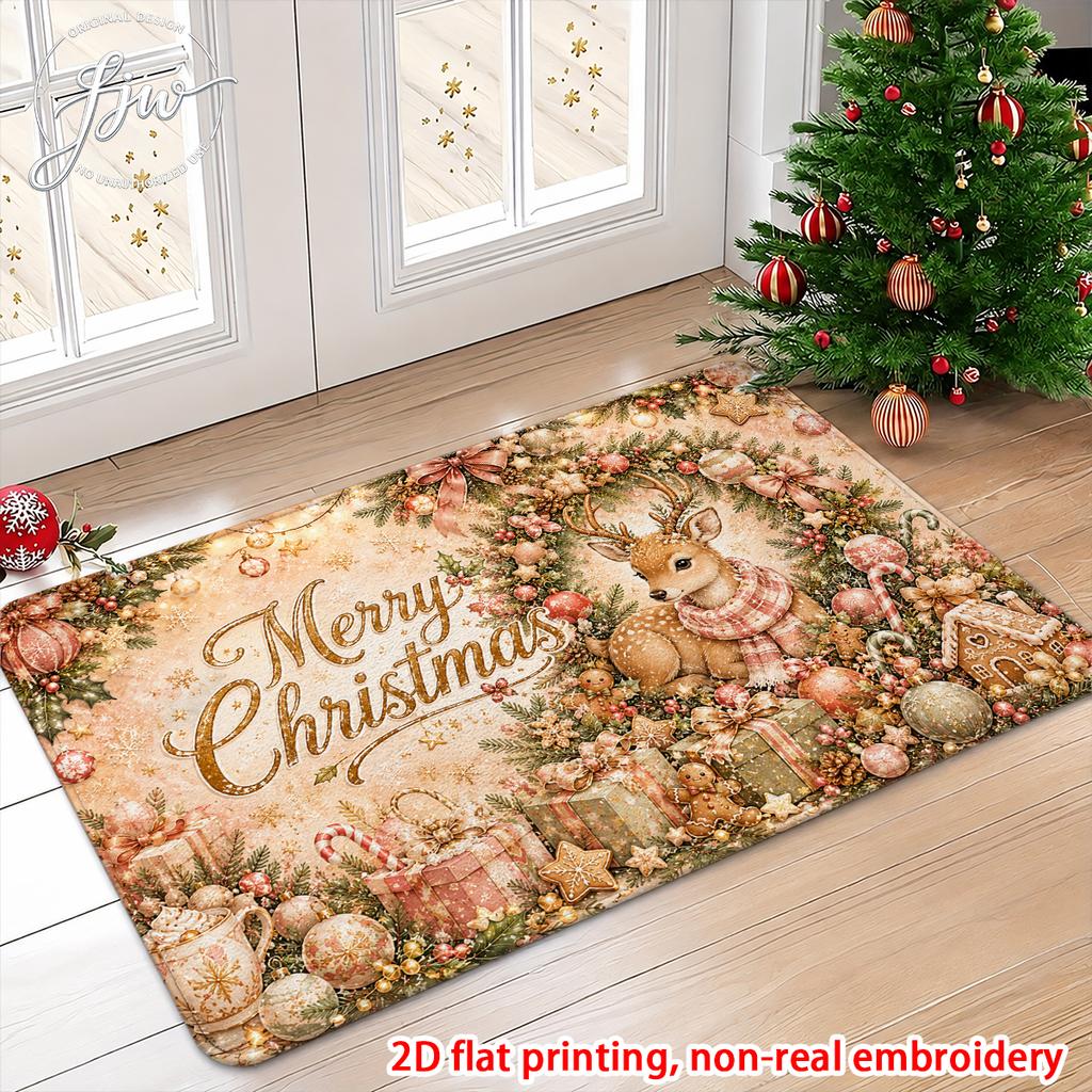 1pcs Christmas Welcome Door Mat Vintage Gold Winter Holiday NonSlip Entryway Rug For Home Decor