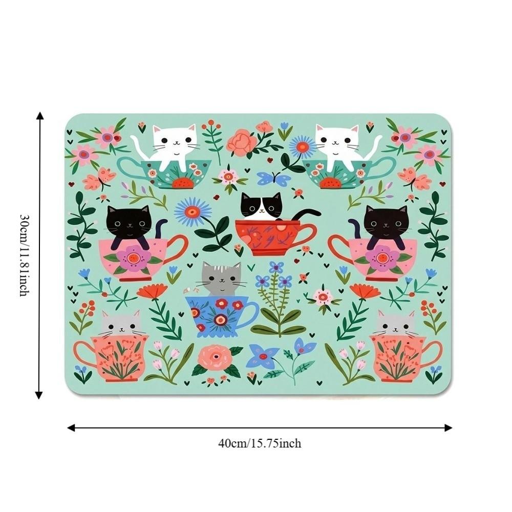 Tappetino per Macchina del Caffè con Gatto Cartone Animato e Fiori Tappetino Dolce Antiscivolo per Asciugare i Piatti Tappetino Rettangolare Assorbente per Cucina Tavola da Pranzo