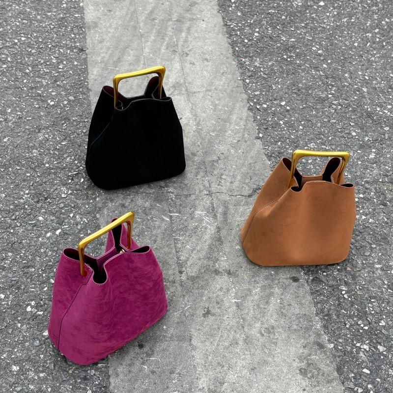 2025 Chic Designer Vintage Women Suede Frosted Leather Bucket Handbag Luxury Metal Handle Tote Bag Trendy Commuter Crossbody Bag