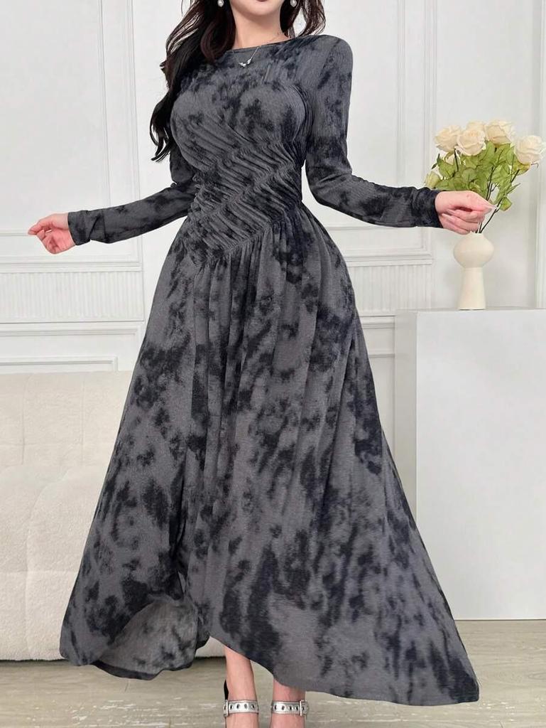 Women's Tie-dye Round Neck Long Sleeve Maxi Dress with Irregular Hem