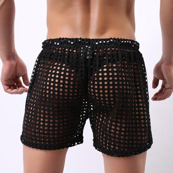 Erotic Men Solid Color Mesh See Through Hollow out Drawstring Shorts Beach Pants