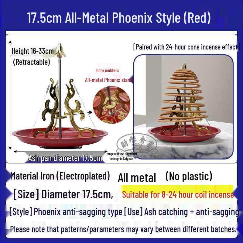 All-Metal Phoenix Coil and Stick Incense Holder: Retractable, Anti-Droop, 17.5cm Tray for Ash Catcher, 12/24 Hour Use, Sandalwood Compatible