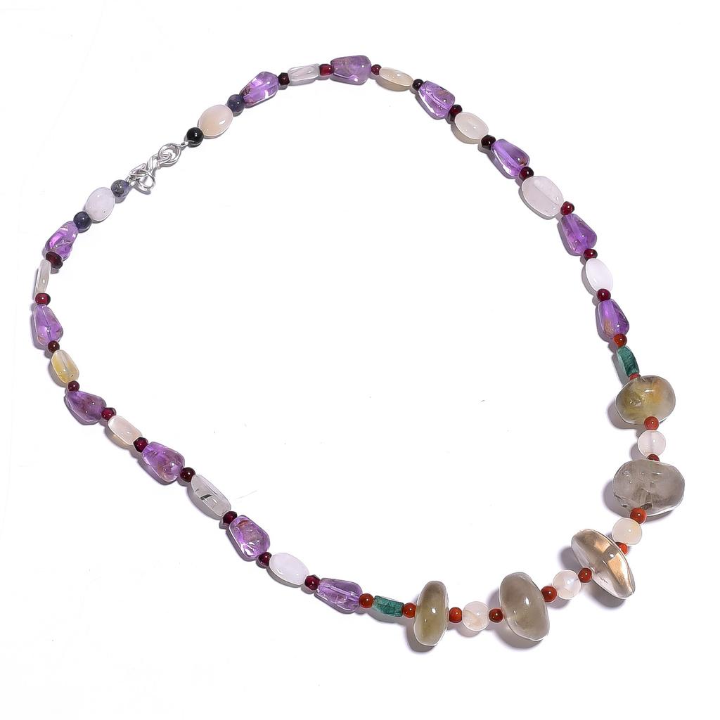 Natural Amethyst Rutile & Smoky Quartz Gemstone Smooth Beads Necklace 17" UB4392 UB-4392