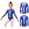 Kids Girls Zipper Metallic Leotard Long Sleeve Shiny Bodysuit for Jazz Dance Stage Performance Cosplay Theme Party Costume