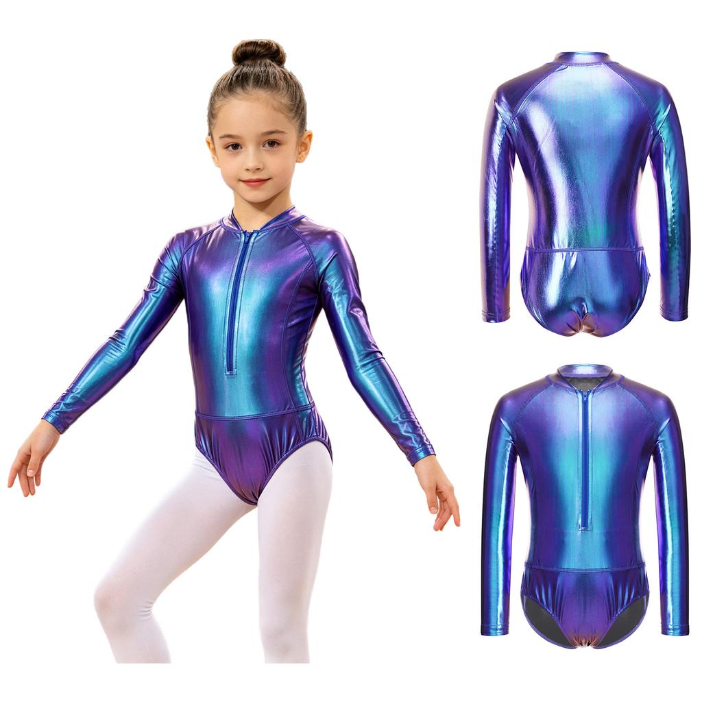 Kids Girls Zipper Metallic Leotard Long Sleeve Shiny Bodysuit for Jazz Dance Stage Performance Cosplay Theme Party Costume