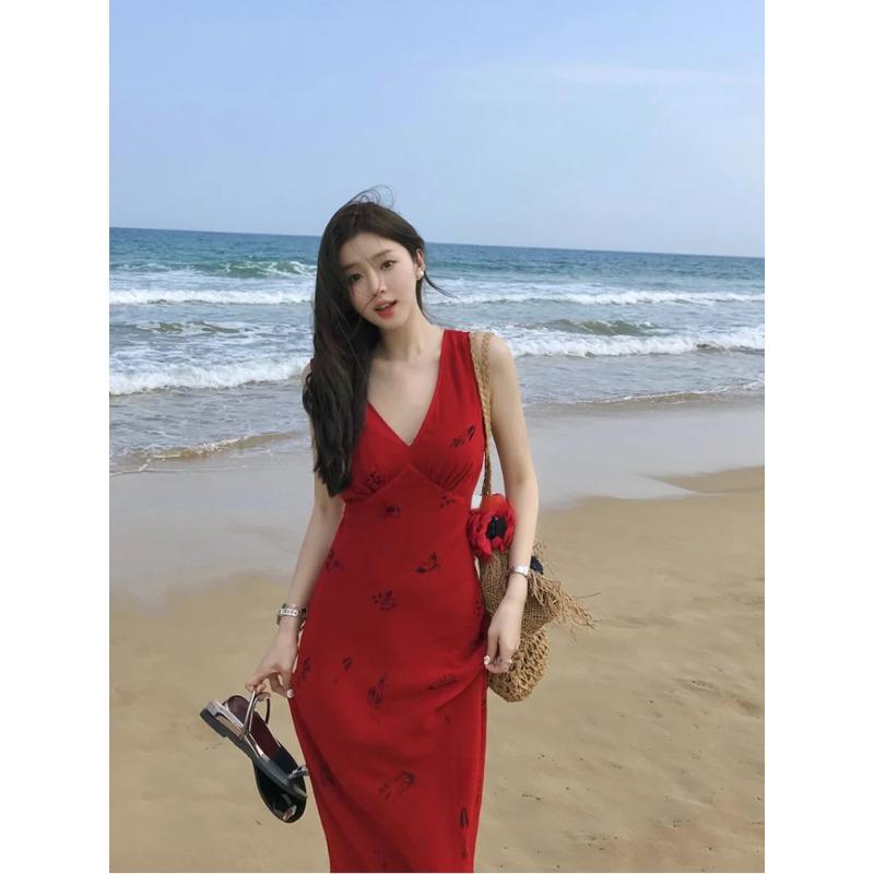Robe d'été élégante coréenne pour femme, décontractée, à imprimé floral, col en V, midi, style plage, dos nu, sexy, slim, à bretelles