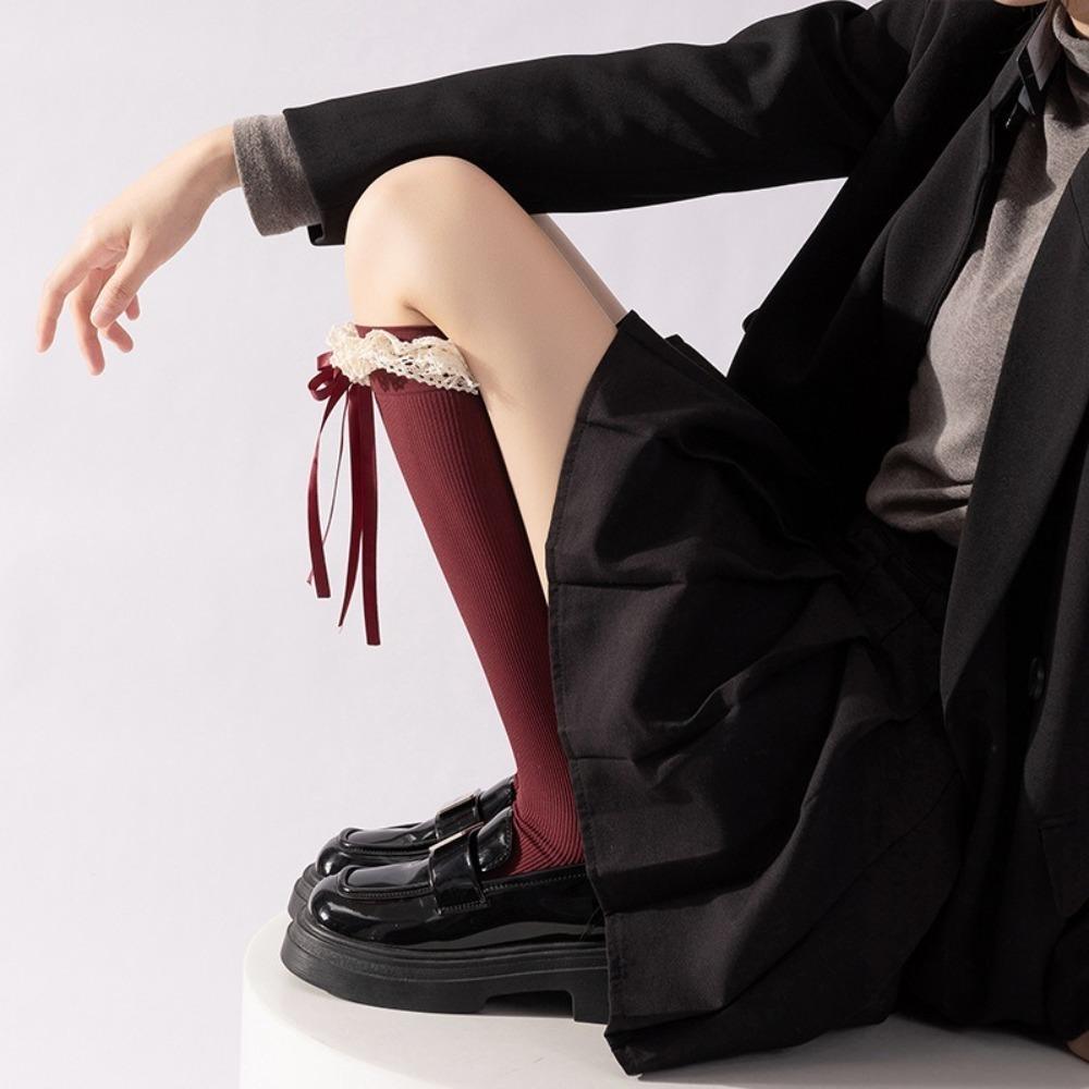 Breathable Winter Compression Stocking Bowknot Bow Middle Tube Socks New Pile Socks  Autumn Winter