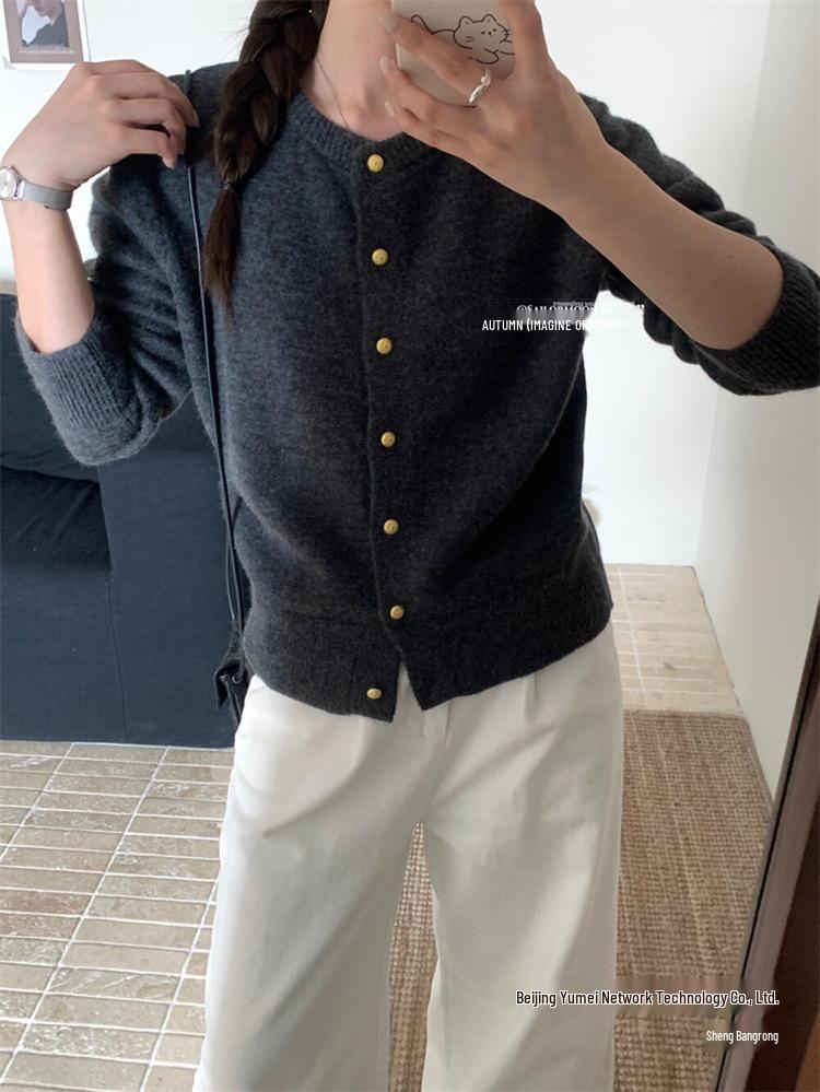 Korean Retro Autumn/Winter Cardigan Sweater with Gold Button Detail