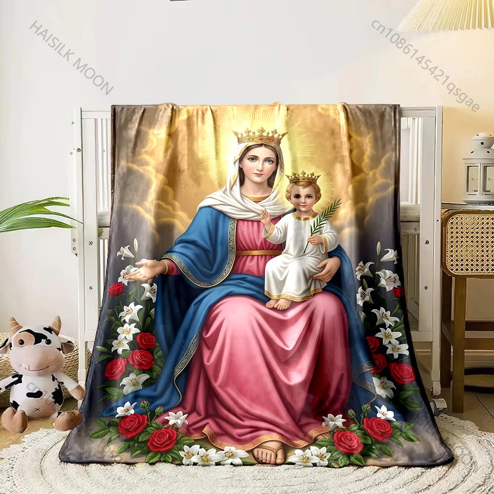 1PC Virgin Mary and Child Statue Print Believer Pray Blanket Warm Soft Flannel Material Suitable for All Seasons Luxurious Gift