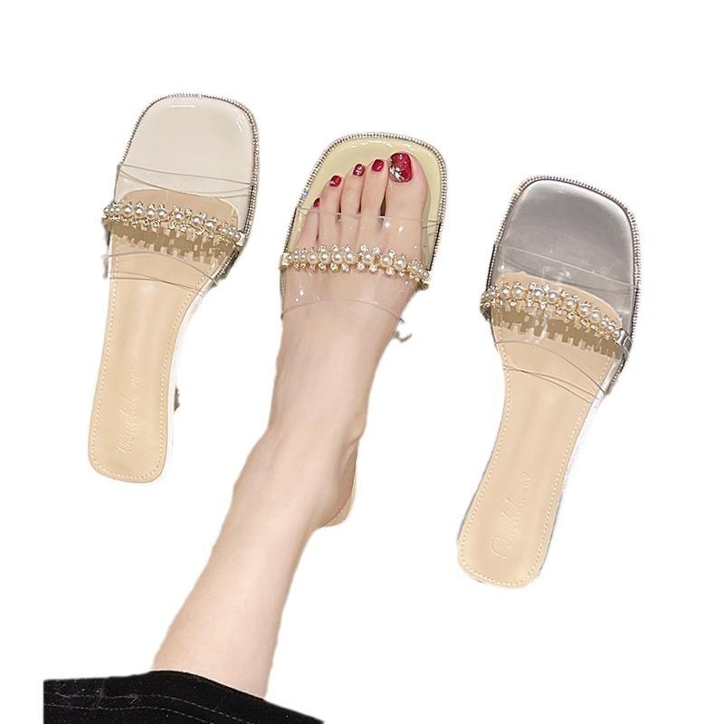 Transparent Slippers Women's Rhinestone Pearl Outer Wear One-word Mop 2025 Summer New Versatile Crystal Thick Heel High Heel Sandals