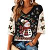 Women's V-Neck Drop Shoulder Christmas Print Top, Lightweight Spring Summer Shirt