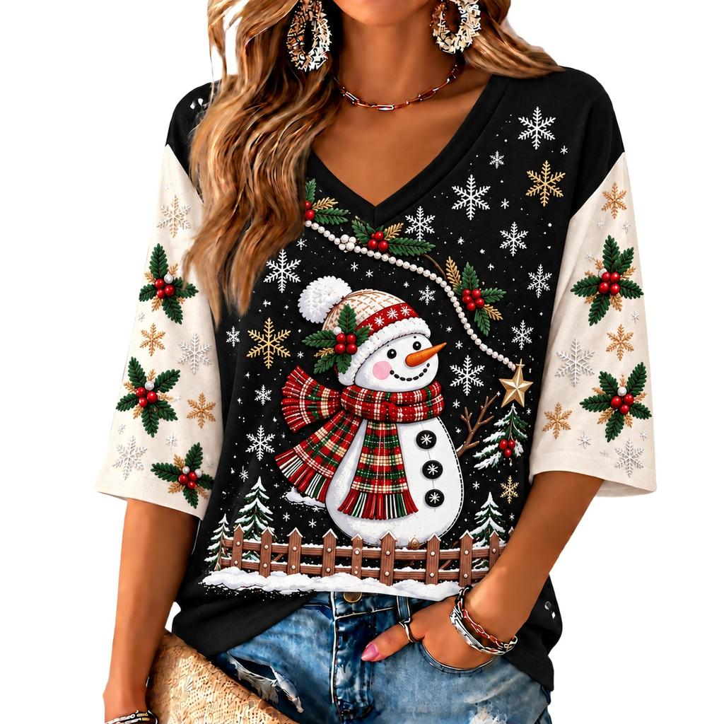 Women's V-Neck Drop Shoulder Christmas Print Top, Lightweight Spring Summer Shirt