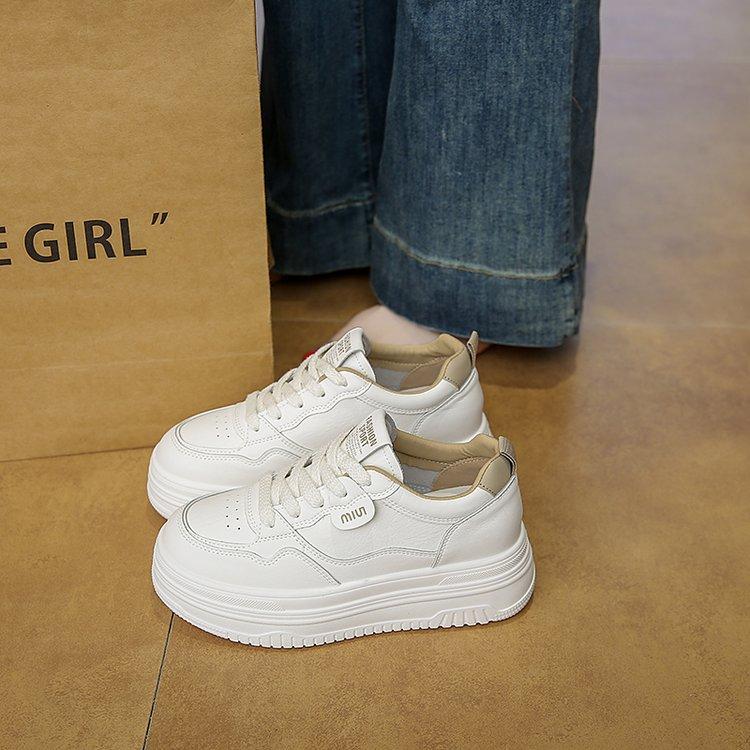 Leather White Shoes Female Inner Height Increase 7CM Small 2025 Spring New Versatile Thick Baseplate Shoes Casual Sports