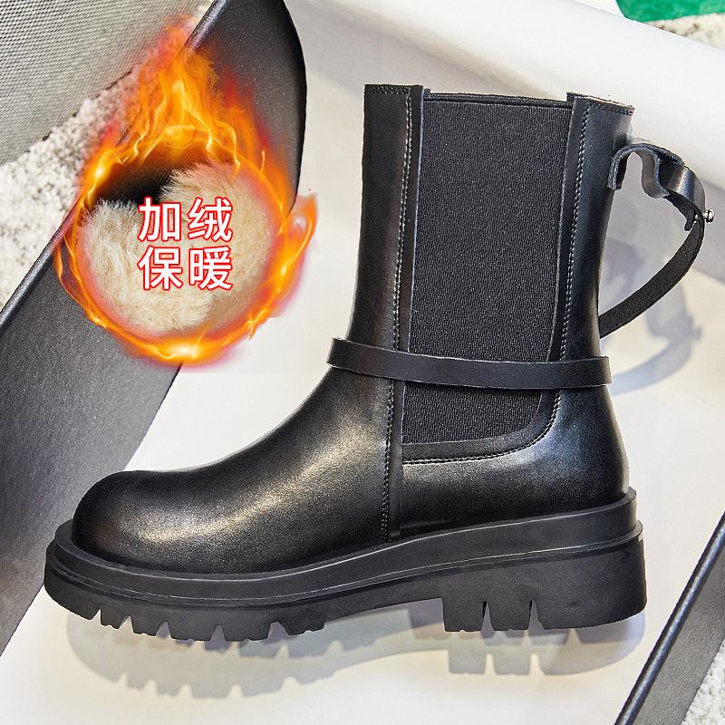 Boots Women's Winter New Leather Cigarette Boots Medium Boots Women's Chelsea Fleece Martin Boots