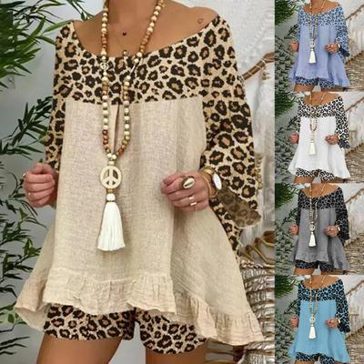 Casual Women Outfit 3/4 Sleeve Leopard Patchwork O Neck Loose T-shirt Shorts for Daily Life