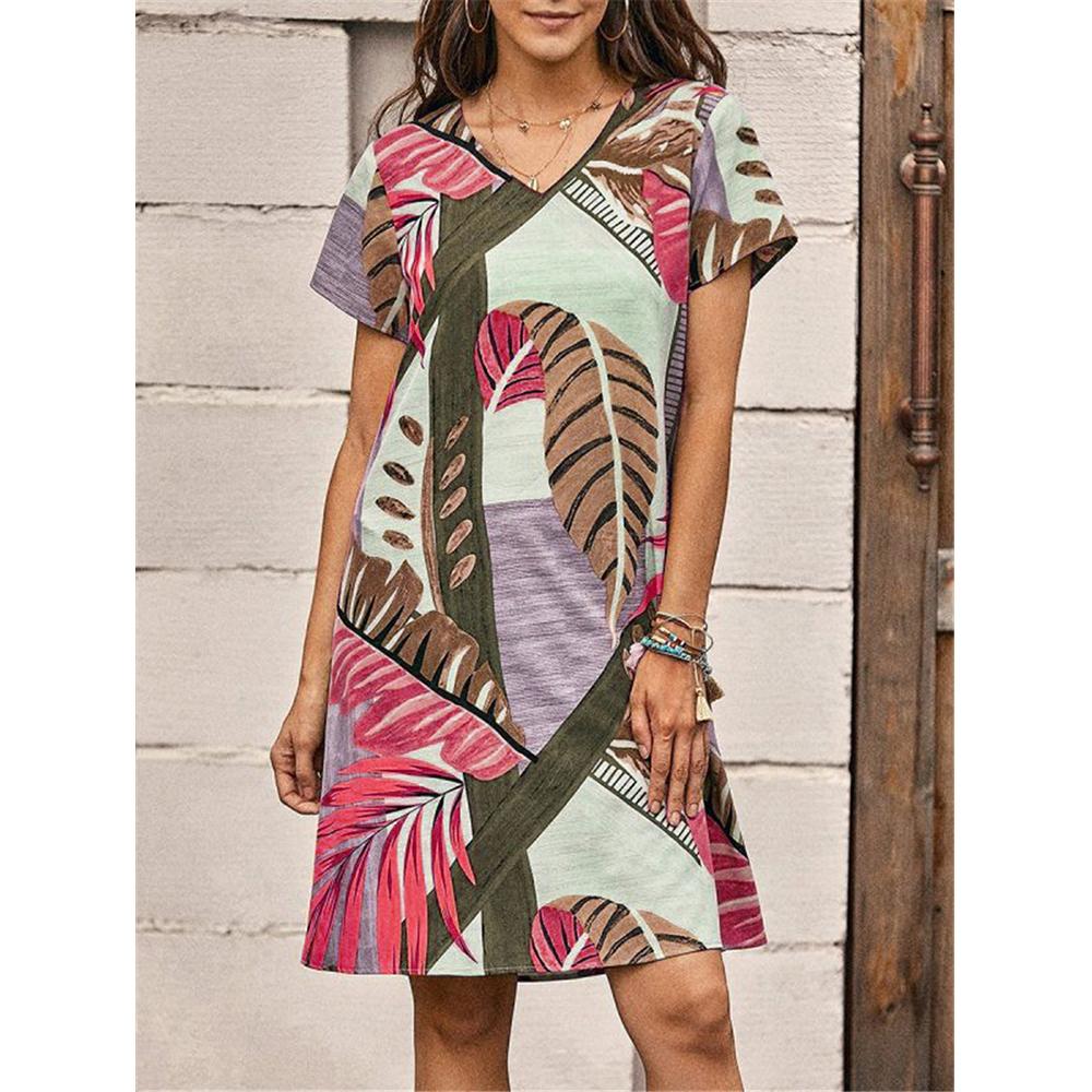 Women's Shift Dress Spring Summer V-Neck Fashion Casual Loose Skirt Floral Printed Short Sleeve Knee Length Dress