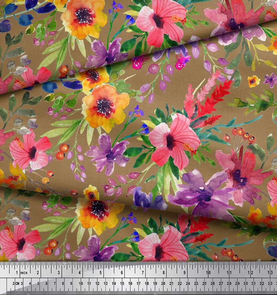 Soimoi Japan Crepe Satin Fabric Flower & Leaves Watercolor Decor Fabric Printed metre 42 Inch