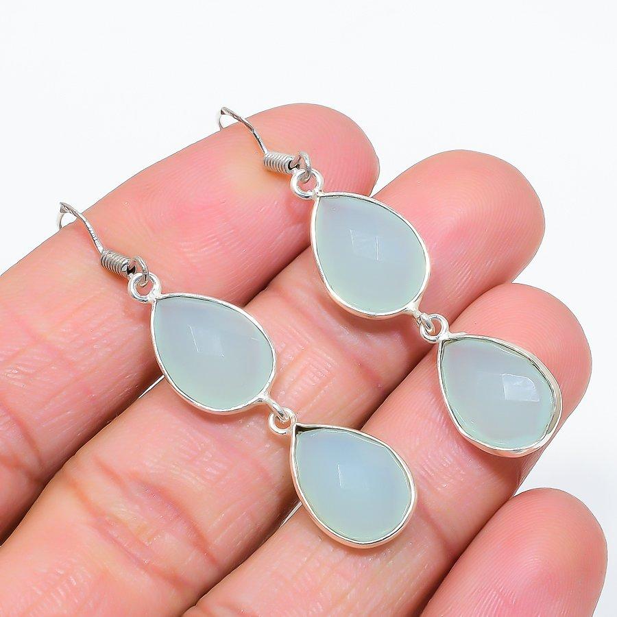 

Aqua Chalcedony Gemstone Handmade 925 Sterling Silver Jewelry Earring 2.17 GK-6231