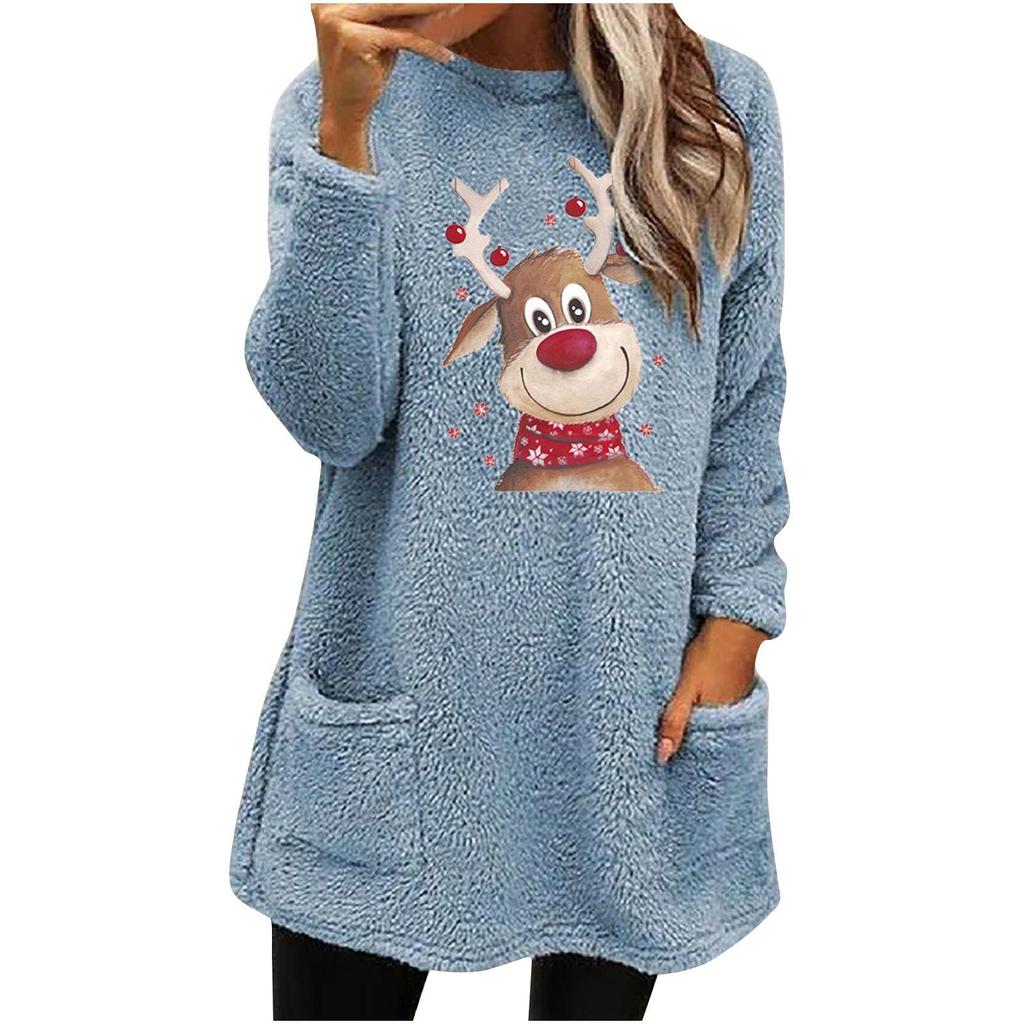 Women's Christmas Elk Print Long Sleeve Pocket Hoodie - Casual Loose Fit for Autumn/Winter