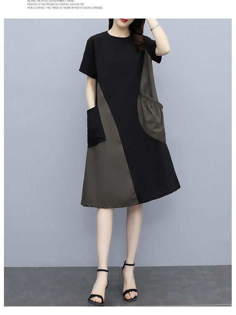 Summer Color-Block Short-Sleeve Dress, Korean Style, Plus Size, Loose Fit, Slimming with Pockets