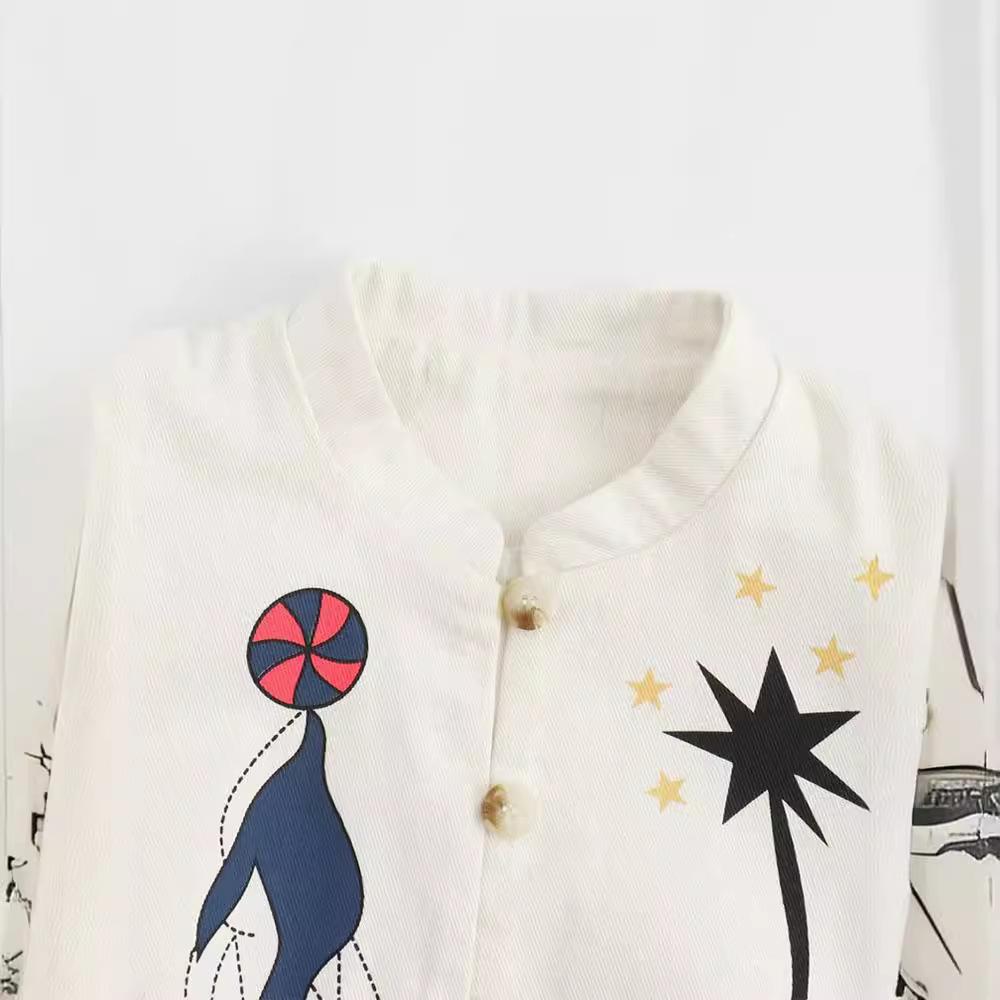 2024 våren vintage trykt kåpe for kvinner Uformelt stativ krage Single Breasted langermet jakke kvinnelig mote overfrakk