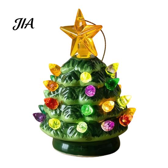 Mini Christmas Tree Decorations Ornament, Glowing Retro Resin Tabletop Decor with Star Charming Home Holiday Displays Topper, Vintage Xmas Trees Night
