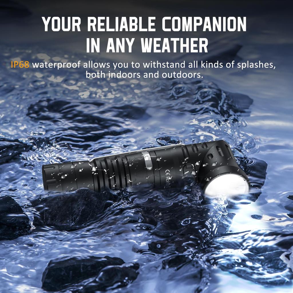 Wurkkos LED 1800 Lumens Rechargeable Flashlight Light Work Adjustable IPX8 Waterproof for Camping and Emergency Repairs Flashlight, HD11,