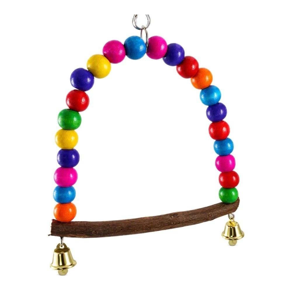 Colorful Design Bird Swing Toy With Bells Hanging Design Bird Cage Hammock Wooden Perch Finch Swing Toy Cage Accessories