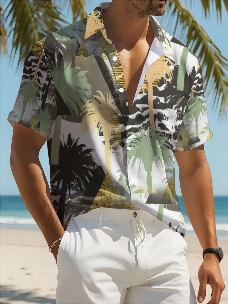 Men'S Color-Blocked Geometric Multi-Layer Palm Tree Print Hawaiian Shirt, Contrasting Retro Tropical Short-Sleeve Collared Shirt, Casual Aloha Top for