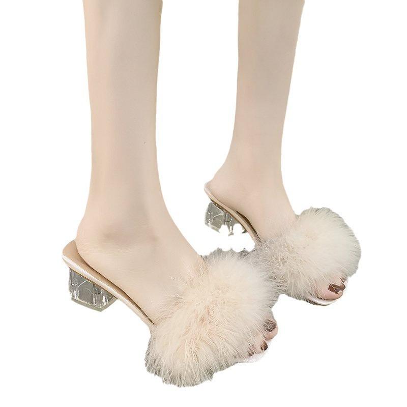 2026 Summer New Hairy Slippers Women's Coarse Heel Korean Edition Fashionable and Comfortable Outerwear Large Cool Slippers