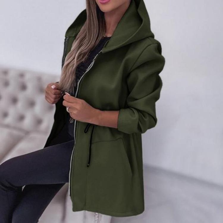 Women Windbreaker Jacket Hooded Thermal Long Sleeve Solid Color with Drawstring Waist Large Pockets Zipper Closure