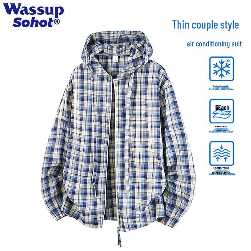Wassup Sohot Men s Hooded Plaid Sun Protection Shirt 2XL
