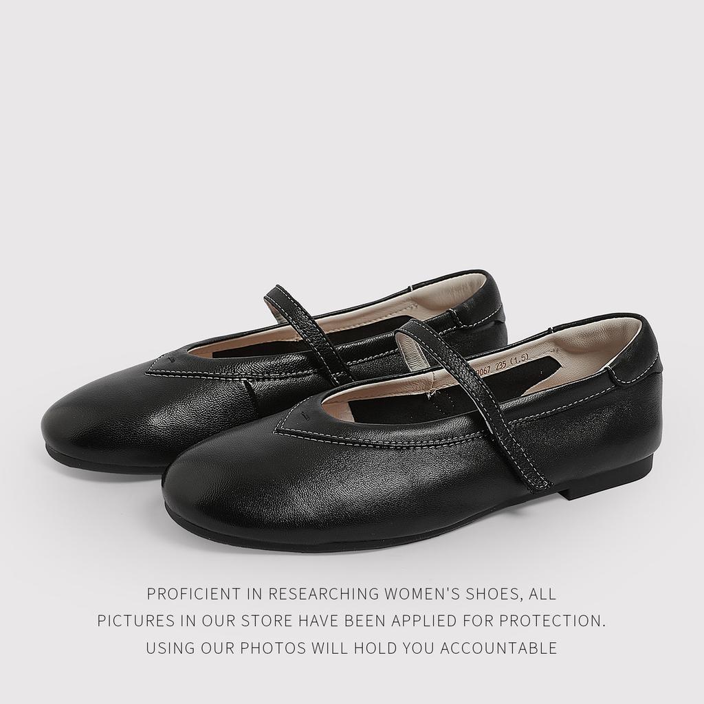 The First Layer Of Cowhide - Round Head, Shallow Mouth, Flat Bottom, One-Word Buckle, Mary Jane Shoes, Ballet Shoes, Fashion Shoes