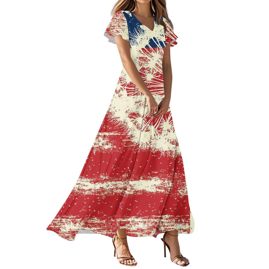 Women's Independence Day Printed Casual Fashion Dresses V-Neck Short Sleeve Dresses