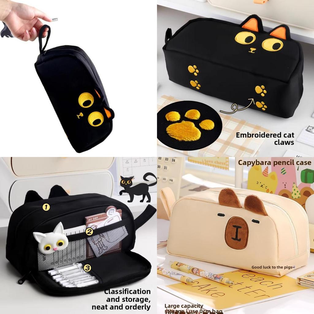 Mignon Chat Noir Capybara Peluche Grande Capacité Trousse à Crayons Pour Étudiants Organisateur de Papeterie