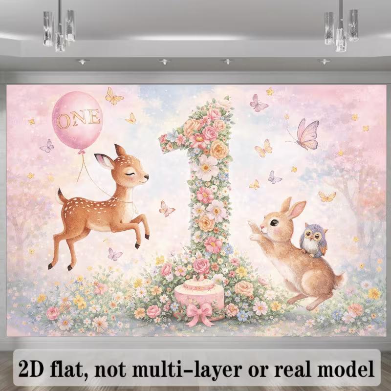 2D Floral Number 1 Backdrop Woodland Baby Birthday Background Cloth