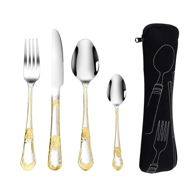 4Pcs Gold Embossed Knife Fork Spoon Retro Western Cutlery Stainless Steel Cutlery Silverware Dinner Set