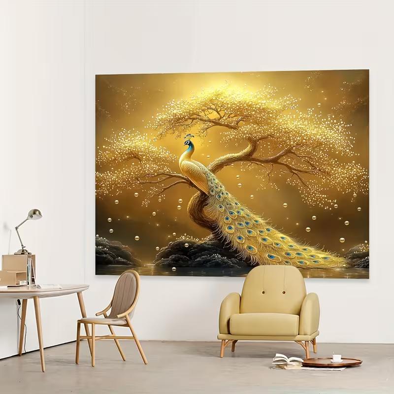 2D Elegant Gold Peacock Tapestry, Golden Bonsai Tree with Sparkling Bubbles Backdrop Cloth for Room Decor