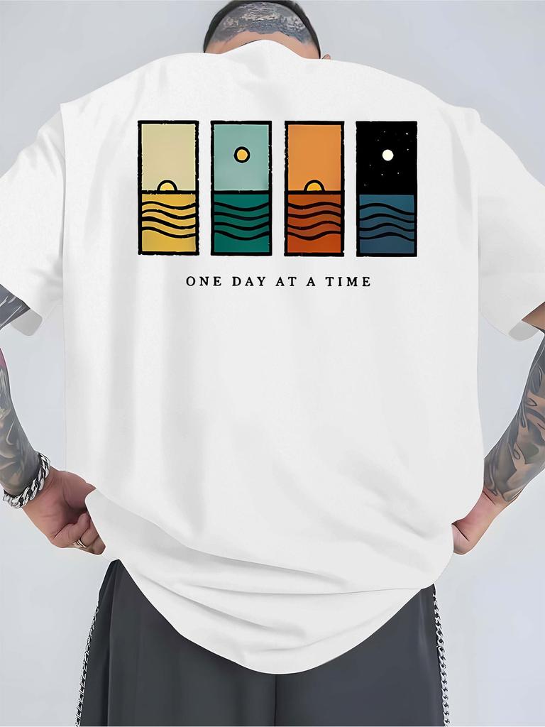 Unisex O Neck Tee Day Night Ocean View Graphic Text Print Cotton Short Sleeve Loose Summer Breathable Daily Casual Basic Wear Top