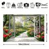 2D Spring Floral Tapestry, Window View To Tulip Garden Wall Hanging for Aesthetic Room