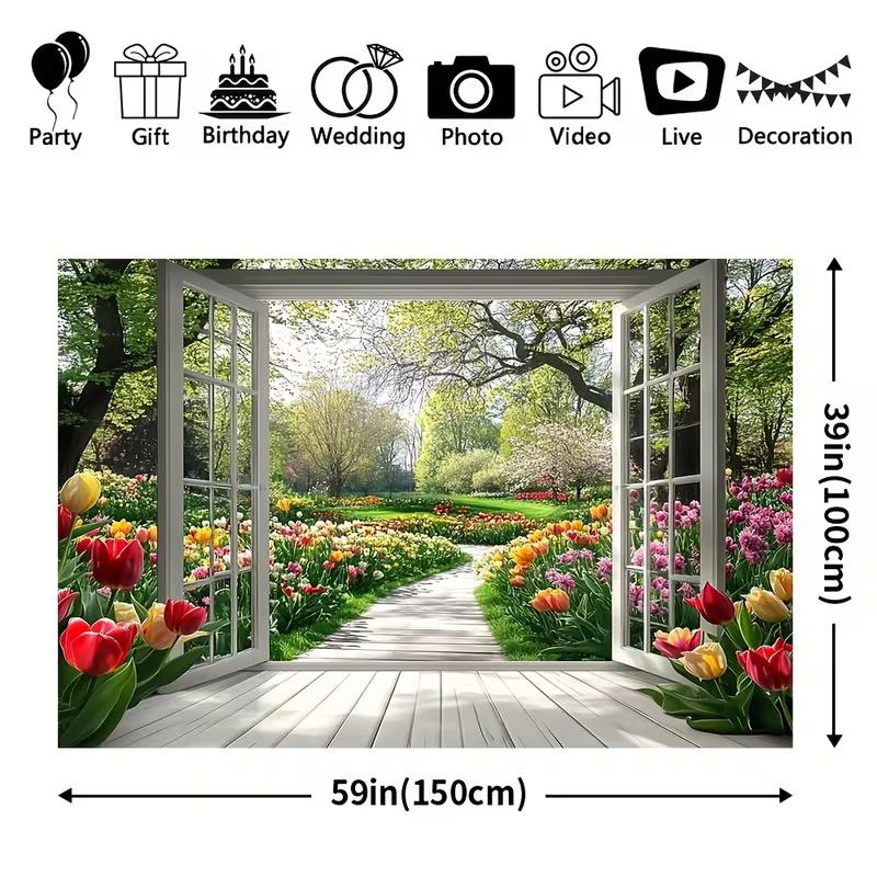 2D Spring Floral Tapestry, Window View To Tulip Garden Wall Hanging for Aesthetic Room