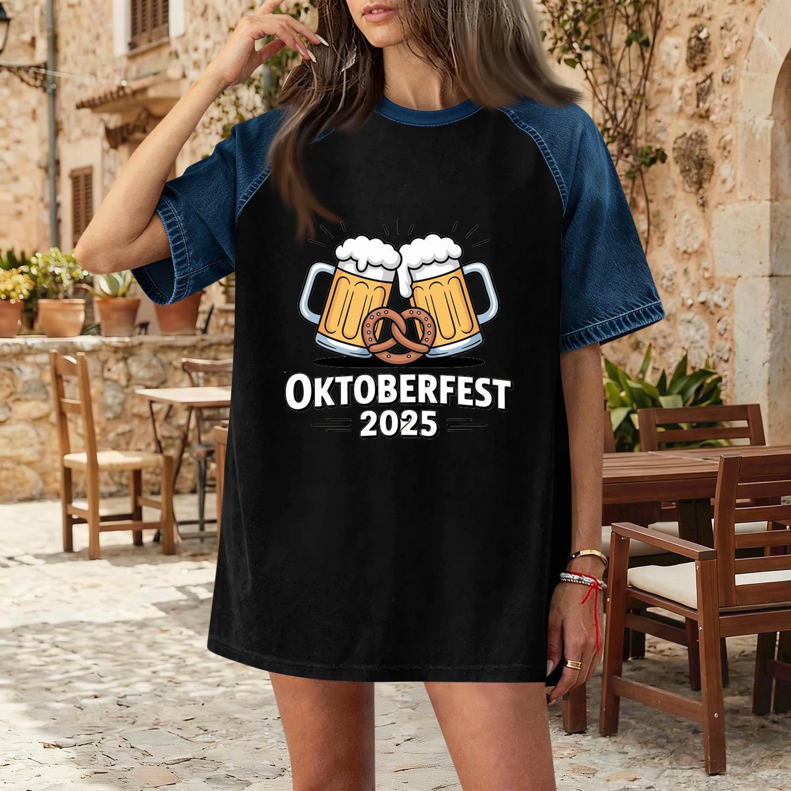 

Casual Women Denim Patch Oktoberfest 2025 Print Short Sleeve T Shirt Loose Fit Comfortable Top for Everyday Wear XXL чёрный