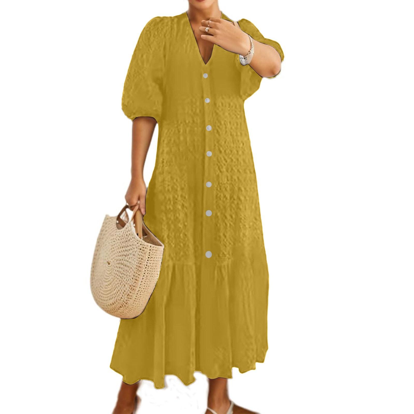 

Женское повседневное платье с V-образным вырезом и пуговицами, плиссированное свободное повседневное платье с пуговицами, плиссированное свободное повседневное платье XL жёлтый