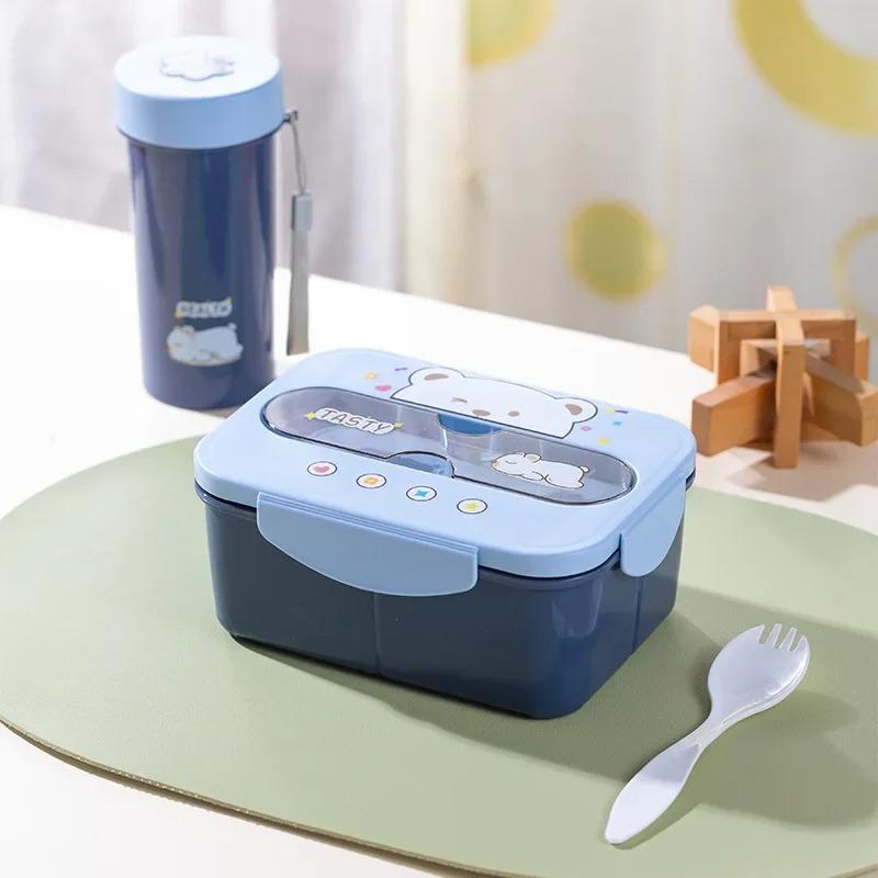 Hot Sale Cartoon Lunch Box Mug Set Portable Plastic Bento Box with Fork Kid's Lunch Box Food Storage Container Food Holder