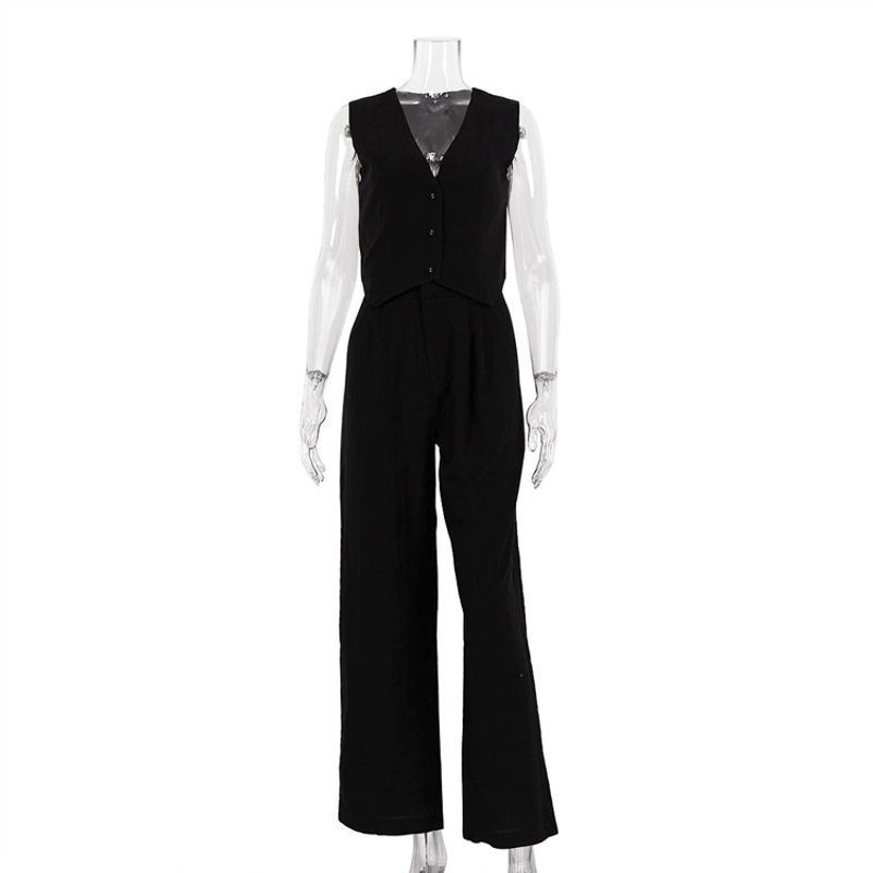 Sleeveless V-neck Vest Pants Set Casual Sleeveless V-neck Vest Solid Trousers Set