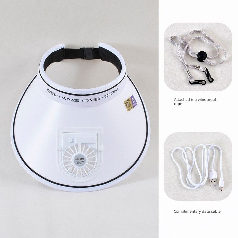 

8138 Summer Sun Protection Sun Hat Fashion Big Brim Hat Outdoor Charging Cap with Fan Topless Hat USB Sun Hat White