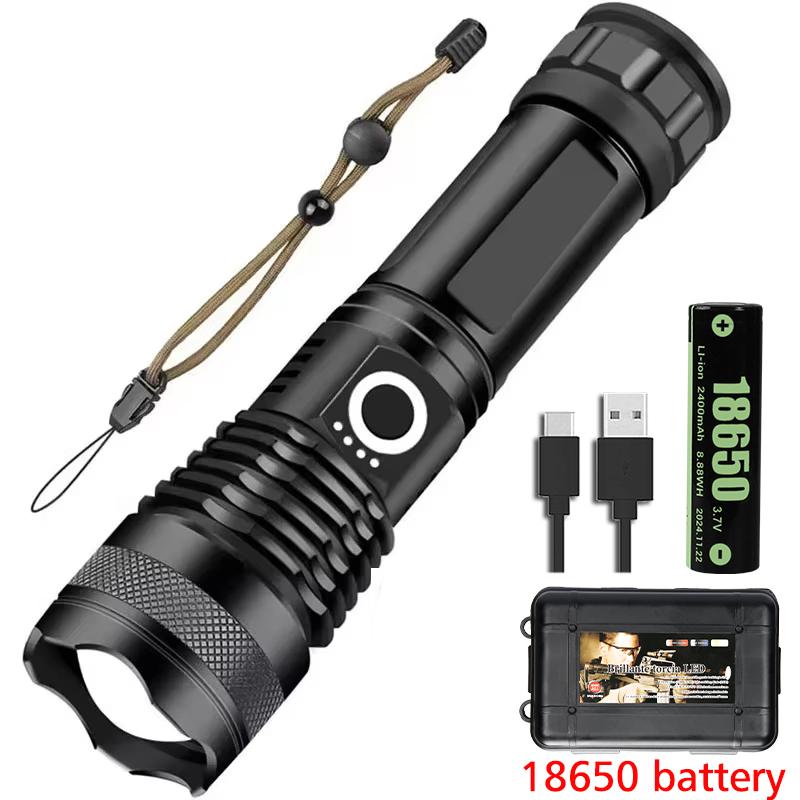 XHP50 High Power Rechargeable LED Tactical Flashlight Aluminum Alloy Telescopic Zoom Torch Lamp for Outdoor Camping Fishing