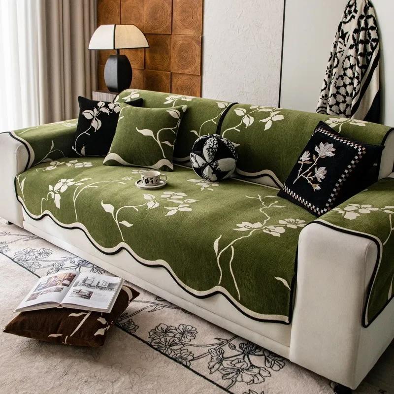 Flowers Jacquard Chenille Sofa Covers For Living Room Anti-Slip Sofa Cushion Irregular Shaped Four Season Universal Couch Towel